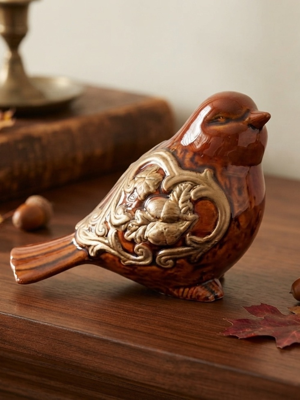 Elegant brown Sparrow Bird Figurine with Gold Accents